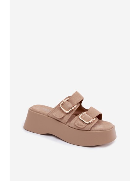 Women's Platform Sandals With Gold Buckles Faux Suede Beige Hazelia