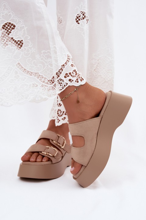 Women's Platform Sandals With Gold Buckles Faux Suede Beige Hazelia