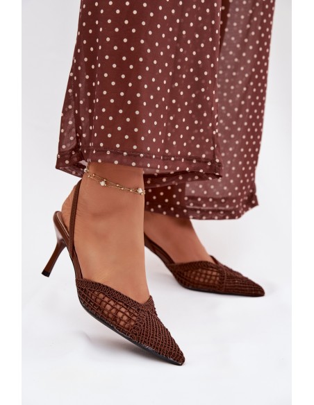 Woven Leather Sandals on Heel Brown Hanelis