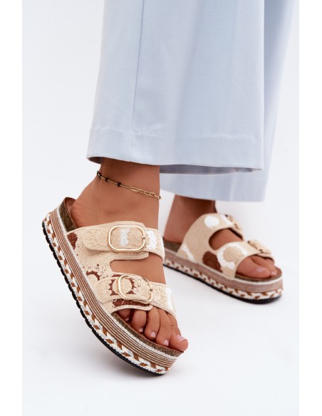 Crochet Platform Slides With Straps Beige Glimma