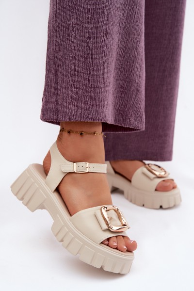 Leather Women's Platform Sandals with Buckle Vinceza Beige 2