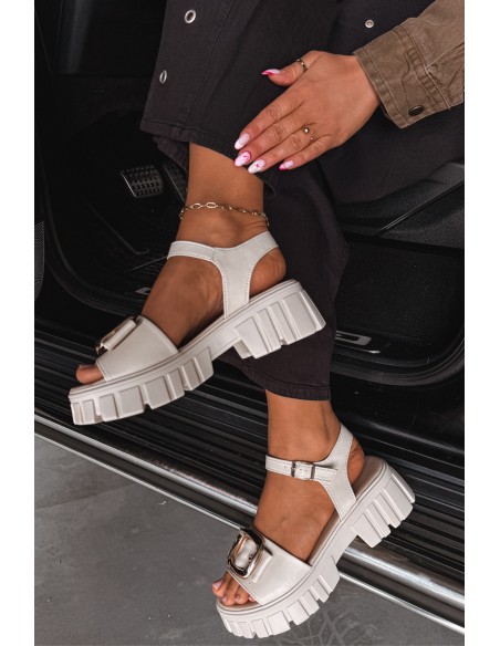 Leather Women's Platform Sandals with Buckle Vinceza Beige