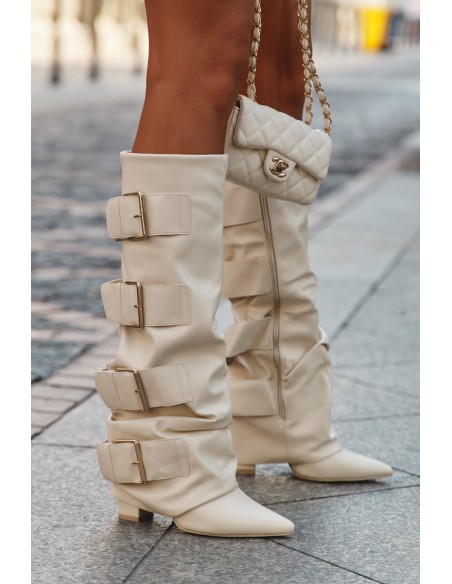 Women's High Heel Boots with Turned-up Shaft and Golden Buckles Light Beige Isavelle