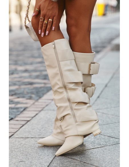 Women's High Heel Boots with Turned-up Shaft and Golden Buckles Light Beige Isavelle