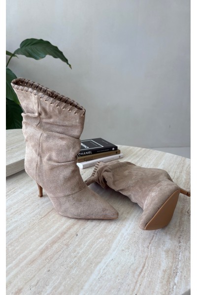 Wrinkled Beige High Heel Ankle Boots Herella 2