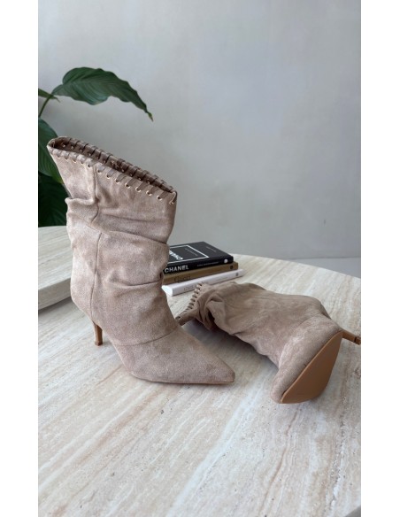 Wrinkled Beige High Heel Ankle Boots Herella