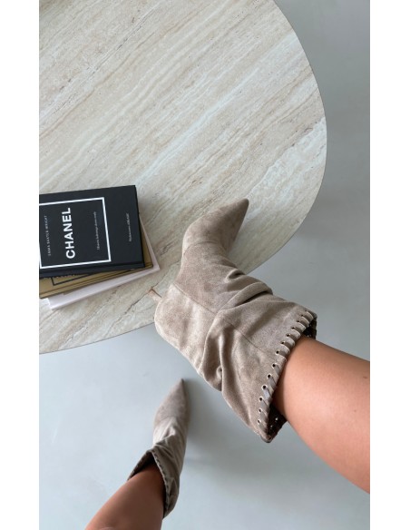 Wrinkled Beige High Heel Ankle Boots Herella