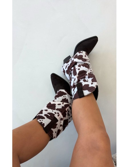 Leather Cowboy Boots with Turned-Up Shaft on Heels with Patches Brown Havie