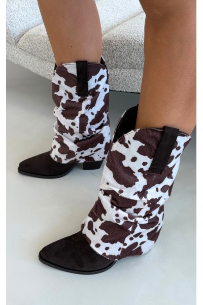 Leather Cowboy Boots with Turned-Up Shaft on Heels with Patches Brown Havie 2