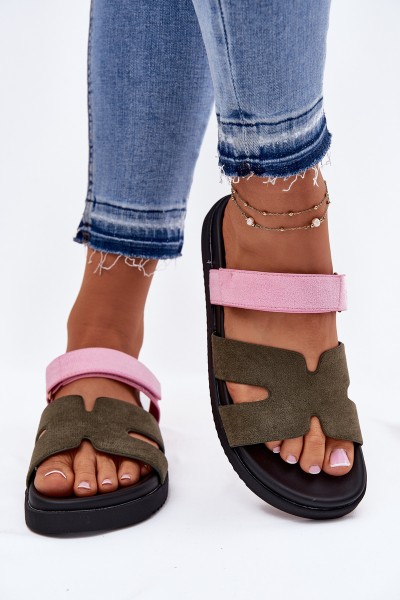 Women's Slippers With Velcro Vinceza 17401 Green-Pink