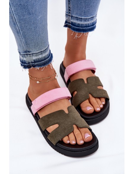 Women's Slippers With Velcro Vinceza 17401 Green-Pink