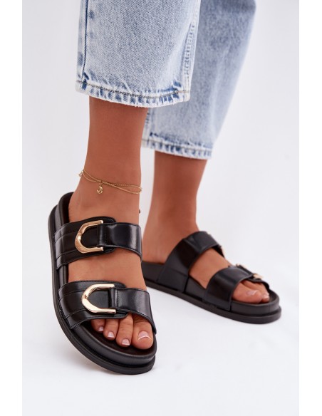 Eco Leather Women's Flat Black Slides With Straps Rosinessa
