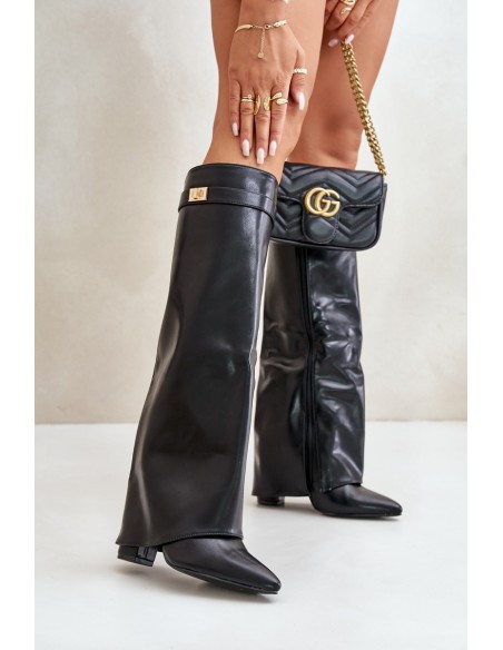 Women's Eco Leather Boots With Rolled Shaft On Heel Black Avamora