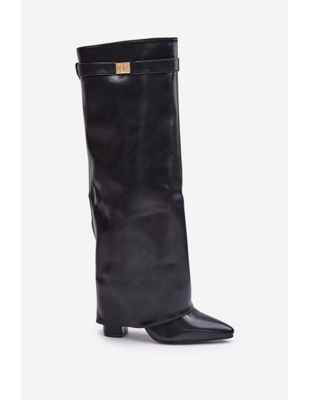 Women's Eco Leather Boots With Rolled Shaft On Heel Black Avamora