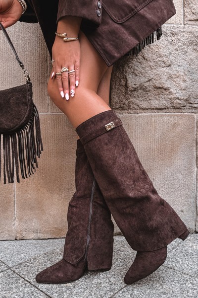 Eco Suede Boots Heel Block Zipper Insulated Folded Shaft Chocolate Evyra