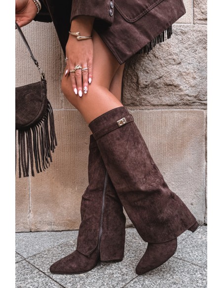 Eco Suede Boots Heel Block Zipper Insulated Folded Shaft Chocolate Evyra