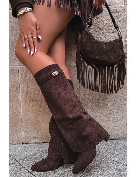 Eco Suede Boots Heel Block Zipper Insulated Folded Shaft Chocolate Evyra
