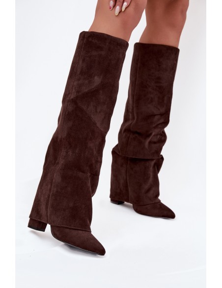 Insulated Women's Boots with Turned Cuff on Heel Eco Suede Chocolate Elivira