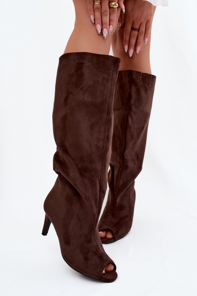 Boots with Open Toes Made of Faux Suede on Slim Heel Chocolate Puffina