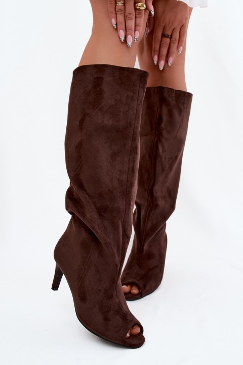 Boots with Open Toes Made of Faux Suede on Slim Heel Chocolate Puffina