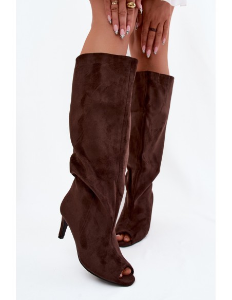 Boots with Open Toes Made of Faux Suede on Slim Heel Chocolate Puffina