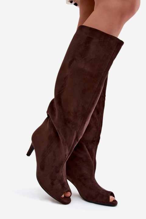 Boots with Open Toes Made of Faux Suede on Slim Heel Chocolate Puffina