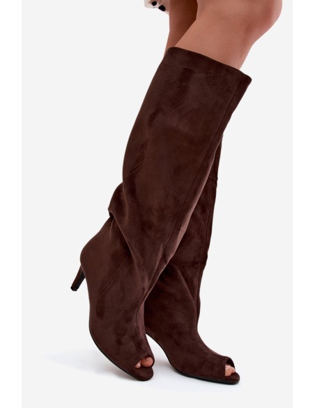 Boots with Open Toes Made of Faux Suede on Slim Heel Chocolate Puffina
