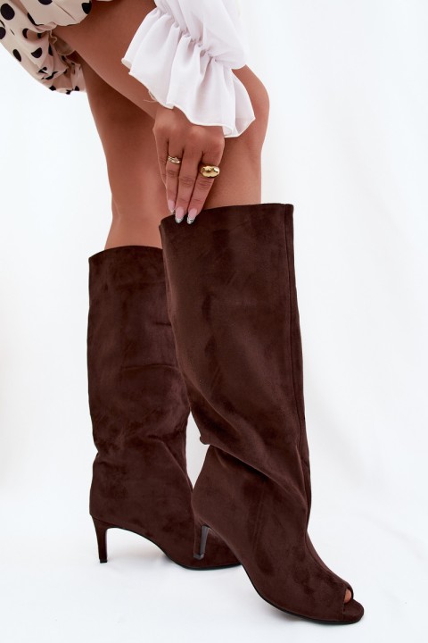 Boots with Open Toes Made of Faux Suede on Slim Heel Chocolate Puffina