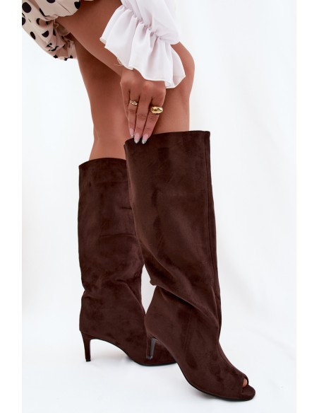 Boots with Open Toes Made of Faux Suede on Slim Heel Chocolate Puffina