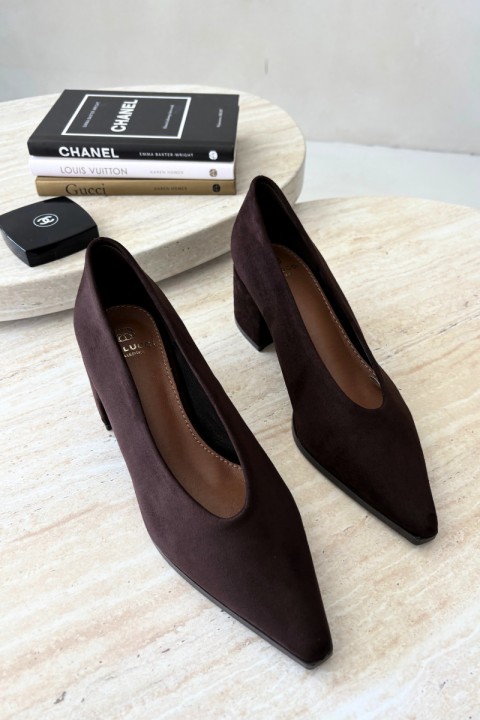 Brown Pointed Toe Stiletto Block Heel Shoes Lavisa