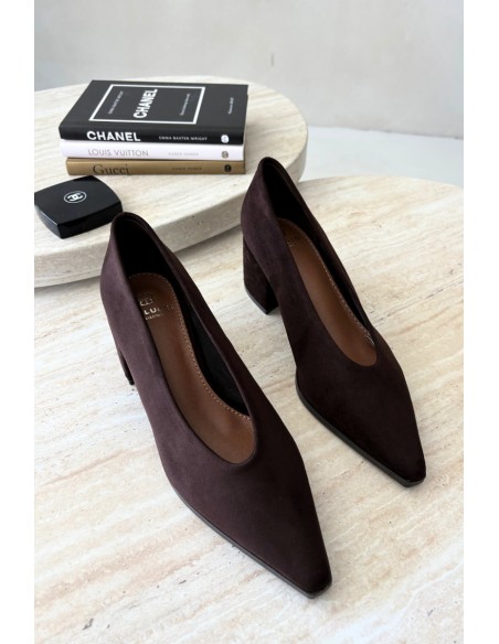Brown Pointed Toe Stiletto Block Heel Shoes Lavisa