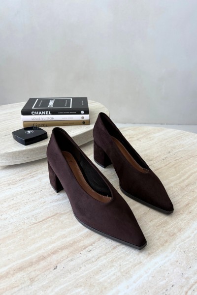 Brown Pointed Toe Stiletto Block Heel Shoes Lavisa 2