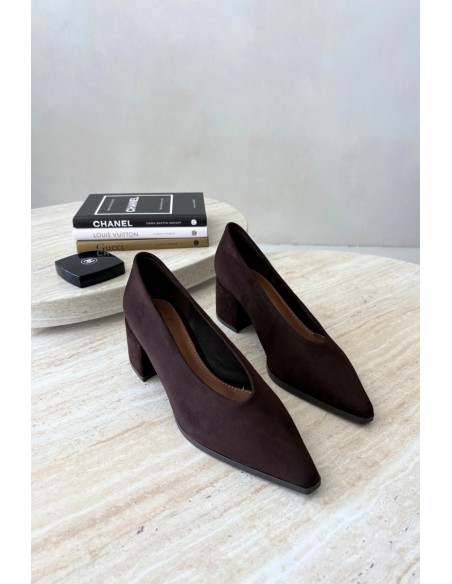 Brown Pointed Toe Stiletto Block Heel Shoes Lavisa