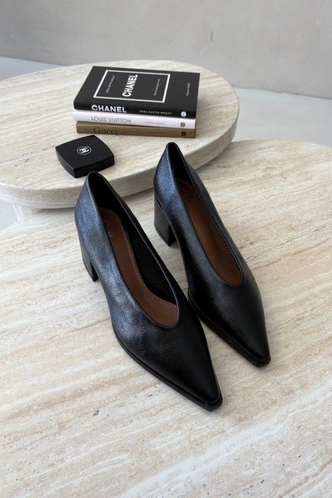 Black Women's Pointed Toe Block Heel Shoes Lavisa