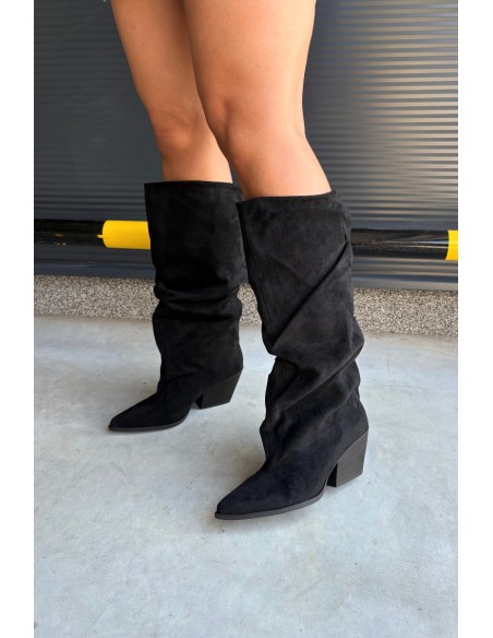 Women's Boots With Wrinkled Shaft On Heels Suede Black Durela