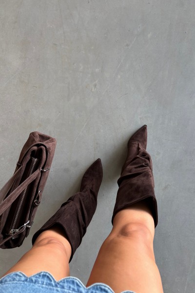 Women's Brown Suede Ankle Boots With Gathered Shaft Heeled Durela 2