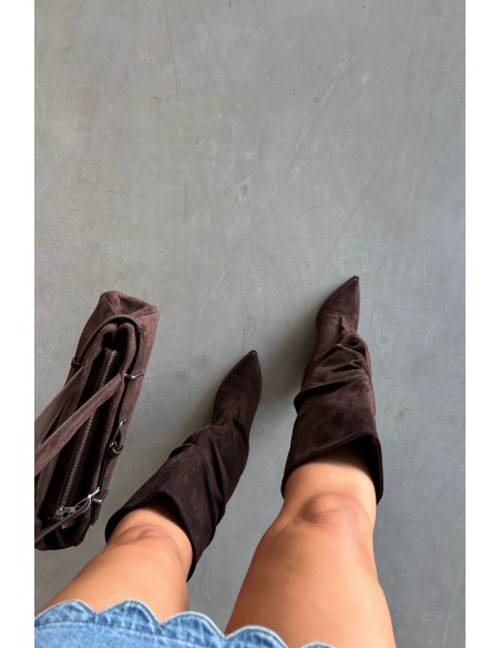 Women's Brown Suede Ankle Boots With Gathered Shaft Heeled Durela