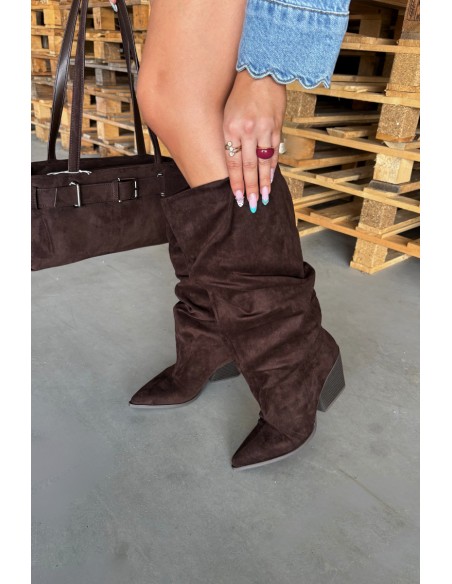 Women's Brown Suede Ankle Boots With Gathered Shaft Heeled Durela
