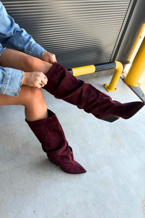 Women's Boots With Wrinkled Shaft Heeled Suede Bordeaux Durela