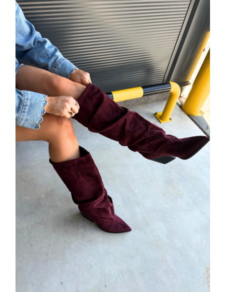 Women's Boots With Wrinkled Shaft Heeled Suede Bordeaux Durela
