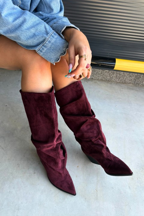 Women's Boots With Wrinkled Shaft Heeled Suede Bordeaux Durela