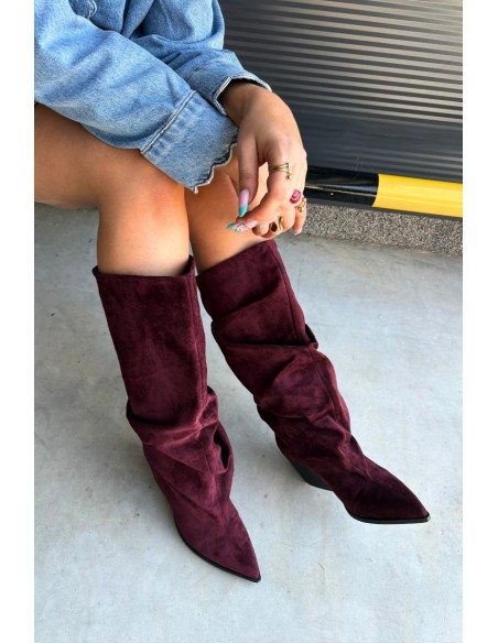 Women's Boots With Wrinkled Shaft Heeled Suede Bordeaux Durela