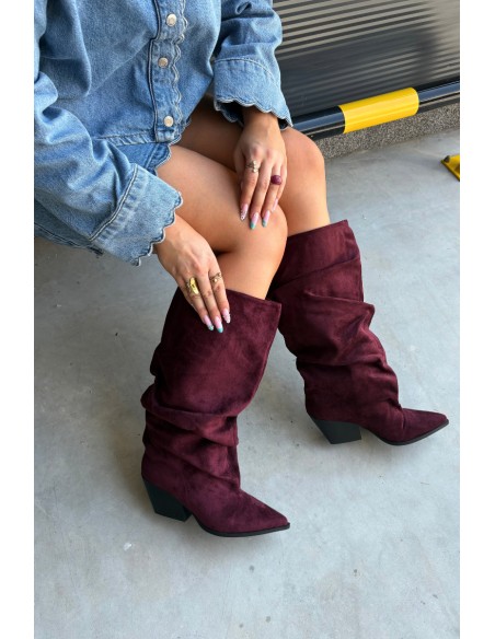 Women's Boots With Wrinkled Shaft Heeled Suede Bordeaux Durela