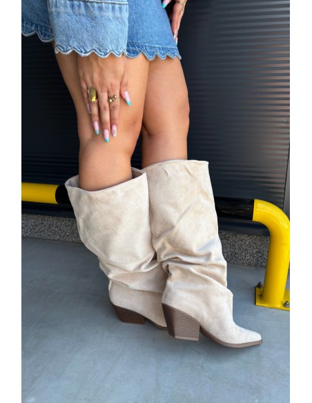 Women's Beige Suede Boots With Ruched Shaft Heeled Durela