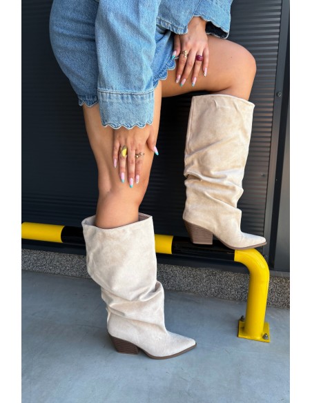 Women's Beige Suede Boots With Ruched Shaft Heeled Durela