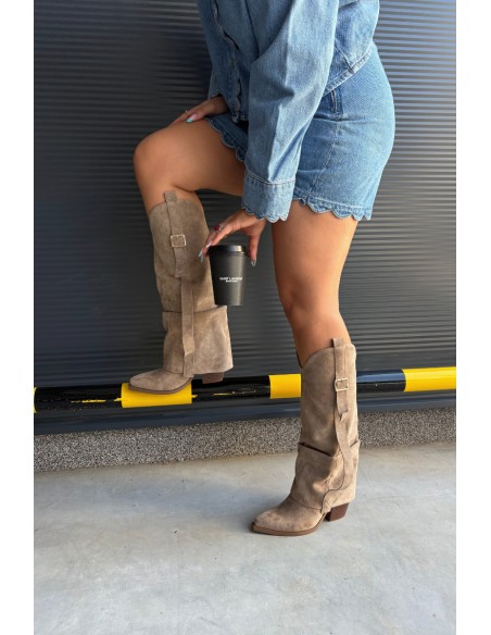 Women's Block Heel Boots with Ruching and Gold Buckle Beige Caster
