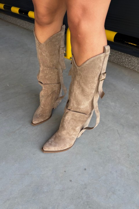 Women's Block Heel Boots with Ruching and Gold Buckle Beige Caster