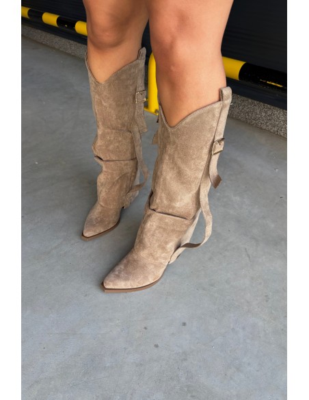 Women's Block Heel Boots with Ruching and Gold Buckle Beige Caster
