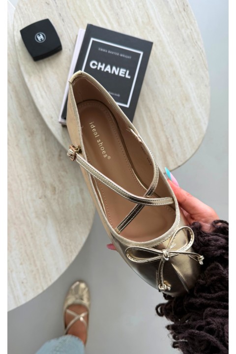 Gold Women's Ballerinas With Straps and Bow