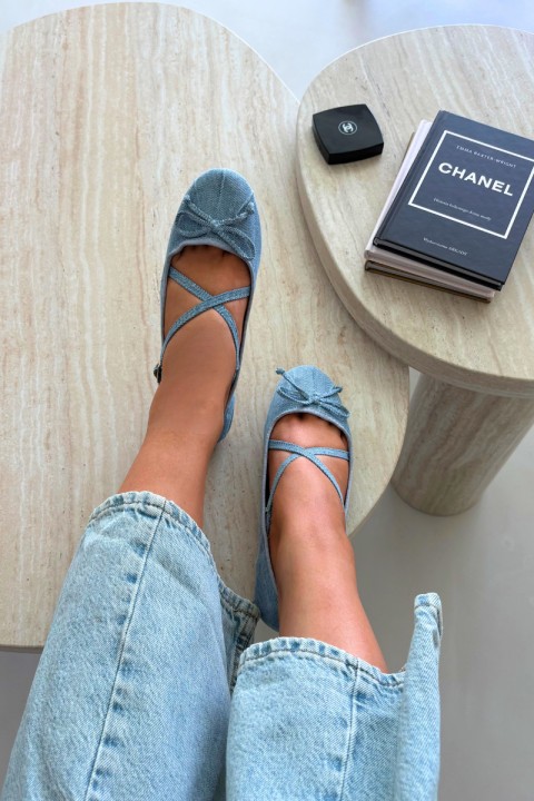 Women's Strappy Ballerinas with Bow in Denim Maysie